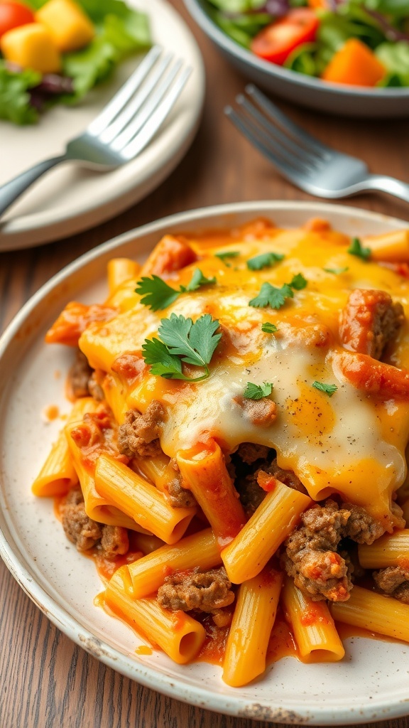 A hearty hamburger casserole with pasta, ground beef, and melted cheese, garnished with parsley on a wooden table.